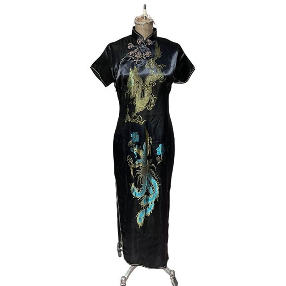 Black Satin NWT Dragon & Phoenix Embroidered Qipao Cheongsam Maxi Dress S/M - Picture 1 of 10